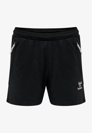 Zwarte sportshorts met een trekkoord in de taille, twee zijzakken en een geborduurd logo op de linkeronderkant van de voorkant. Glad, lichtgewicht materiaal.
