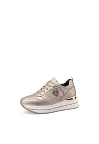 Sneaker metallic rosa oro con design a lacci, suola intermedia bianca e dettaglio dorato sul tallone. Caratterizzato da logo laterale e superficie liscia.