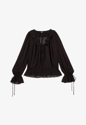 Blouse noire à manches longues avec un col à volants et des accents noués. Taille smockée et manches cloches avec cordons. Tissu léger et transparent.