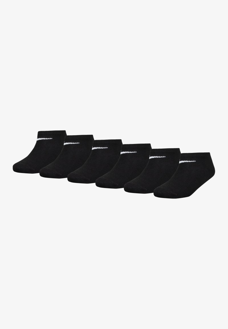 Calcetines negros hasta el tobillo, hechos de un tejido suave, con un diseño sin costuras y una franja de logo blanca en el tobillo. Paquete de seis pares.