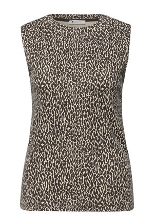 Mouwloos topje van zachte stof, met een bruin-beige luipaardprint, een ronde halslijn en een aansluitende pasvorm.
