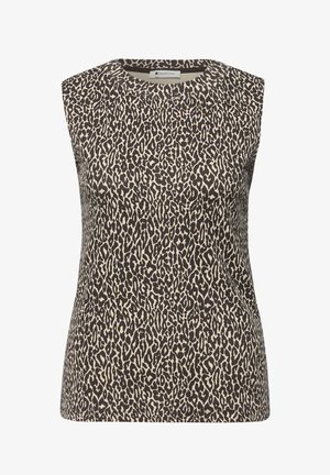 Bezrekawnik wykonany z miękkiej tkaniny, z brązowo-beżowym nadrukiem w cętki lamparta, okrągłym dekoltem i dopasowanym krojem.