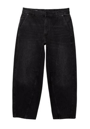 Pantaloni in denim nero con una vestibilità ampia, dotati di chiusura con bottone, due tasche frontali e leggere sfumature sul tessuto.