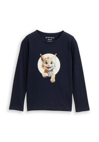 Navyblaues Langarmshirt aus weichem Baumwollmaterial, mit einem Grafiker eines Cartoon-Katzens vor einem bunten kreisförmigen Hintergrund. Klassischer Rundhalsausschnitt, normale Passform.