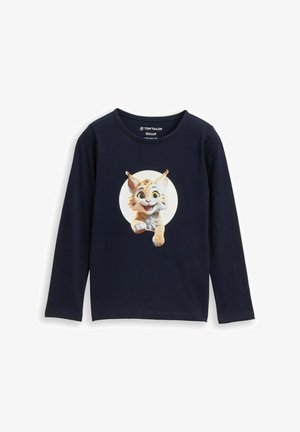 Marineblauwe langemouwen shirt van zachte katoen, met een grafische afbeelding van een cartoonkat met een heldere achtergrondcirkel. Klassieke ronde halslijn, regular fit.
