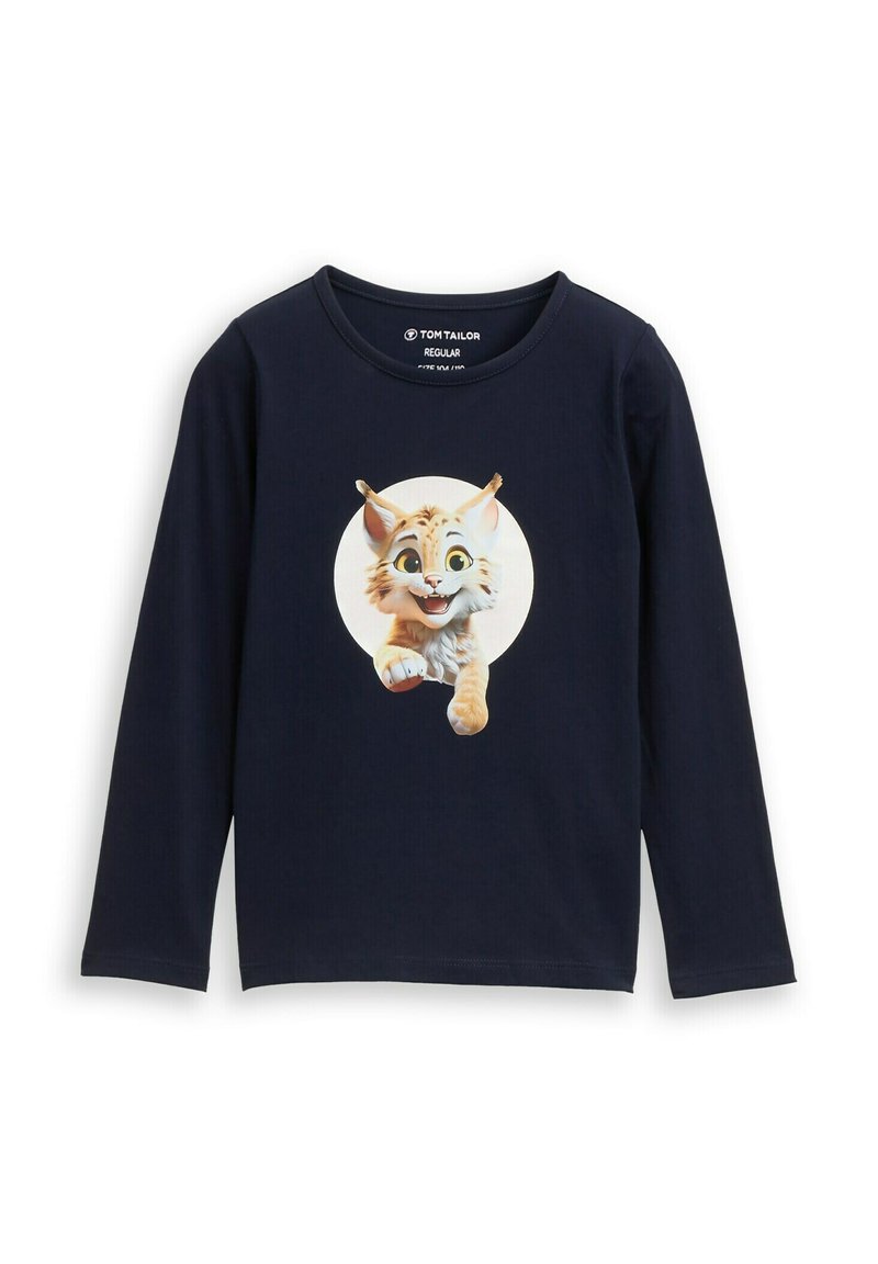 Navyblaues Langarmshirt aus weichem Baumwollmaterial, mit einem Grafiker eines Cartoon-Katzens vor einem bunten kreisförmigen Hintergrund. Klassischer Rundhalsausschnitt, normale Passform.