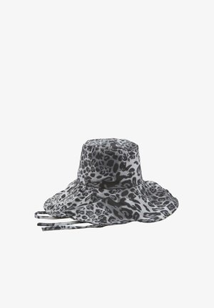 Bob noir et gris à imprimé léopard avec large bord et lanières sous le menton, conçu pour la protection solaire.