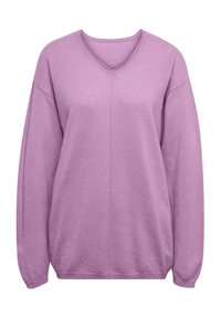 V-Ausschnitt, oversize Pullover in Lavendel, mit gerippten Bündchen und Saum, aus weichem Strickmaterial mit glatter Textur und minimaler Naht.
