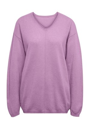 V-Ausschnitt, oversize Pullover in Lavendel, mit gerippten Bündchen und Saum, aus weichem Strickmaterial mit glatter Textur und minimaler Naht.