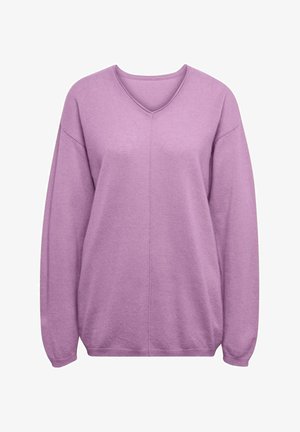V-Ausschnitt, oversize Pullover in Lavendel, mit gerippten Bündchen und Saum, aus weichem Strickmaterial mit glatter Textur und minimaler Naht.