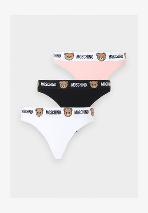 Trois slips Moschino en rose, noir et blanc avec des ceintures élastiques présentant des visages d'ours en peluche et le texte "MOSCHINO".