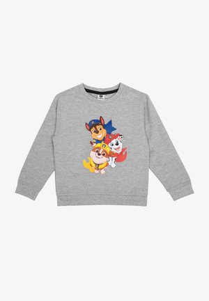 Felpa grigia con una stampa colorata di tre cani con diversi cappelli, realizzata in tessuto morbido e con maniche lunghe.