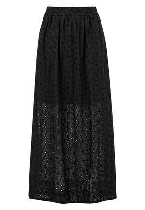 Czarna długa spódnica z haftem kwiatowym w ażurowym wzorze, elastyczną talią i dwoma naszywanymi przednimi kieszeniami.