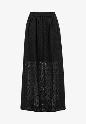 Gonna lunga nera con ricamo floreale a traforo, vita elasticizzata e due tasche applicate frontali.