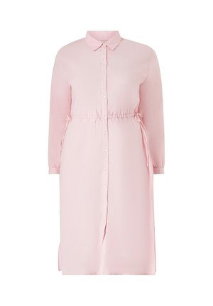 Lyserød skjorte kjole med krave, lange ærmer og snoretræk i taljen for justerbar pasform. Glat stof, knælang.