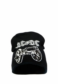 Černá pletená čepice s logem AC/DC a motocyklem v b�ílé barvě. Měkká textura s ohrnutým lemem, vhodná pro neformální nošení.