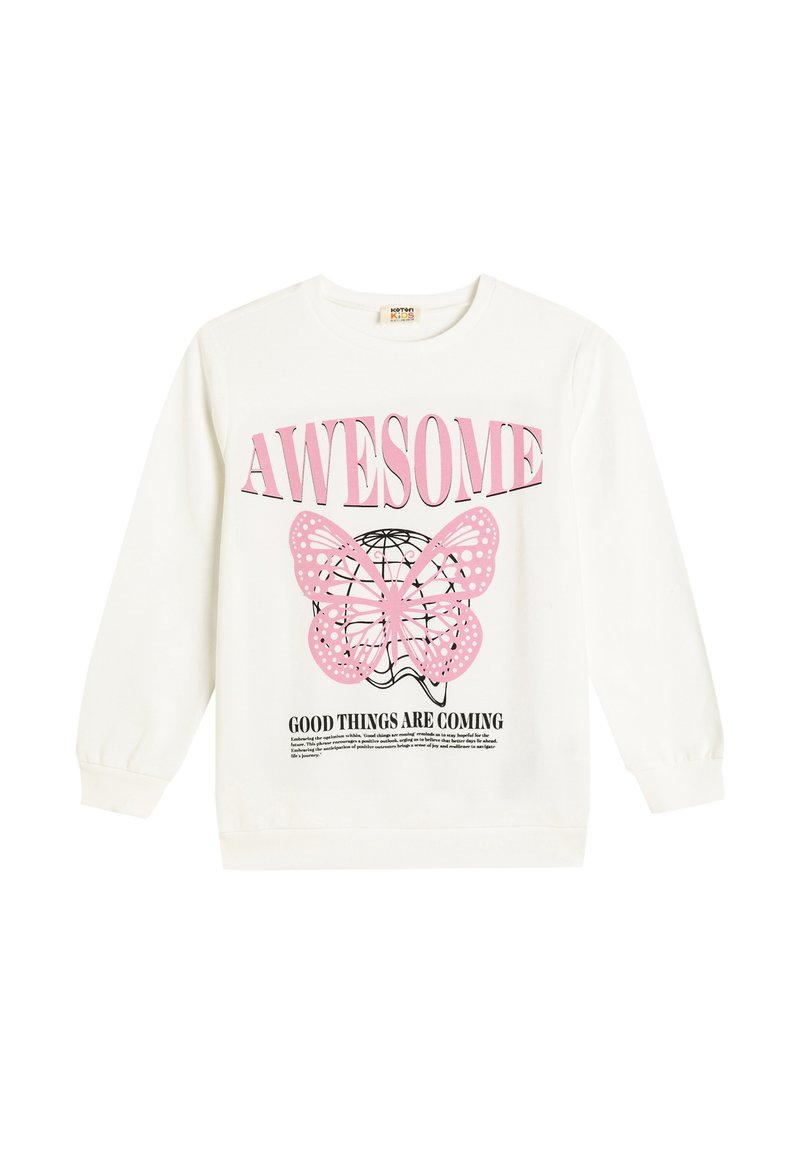 Sudadera blanca con un gran gráfico de una mariposa rosa en el centro, con el texto "IMPRESIONANTE" arriba y "COSAS BUENAS VIENEN" abajo.