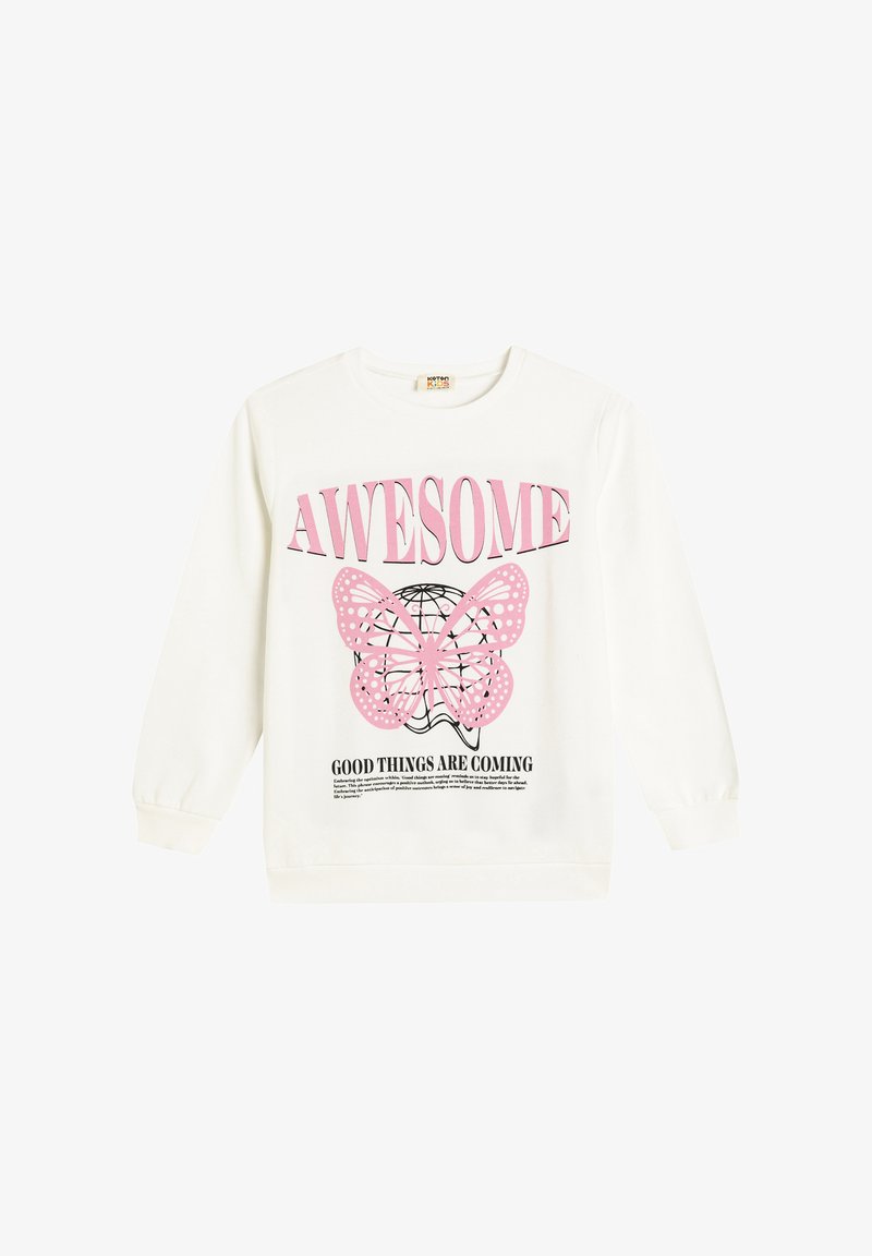 Hvid sweatshirt med et stort pink sommerfugl grafik i midten, med teksten "AWESOME" ovenfor og "GOOD THINGS ARE COMING" nedenfor.