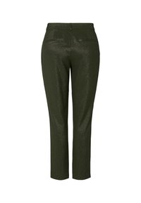 Pantalons vert olive avec une coupe élégante, présentant une légère brillance, deux poches arrière et une texture douce.