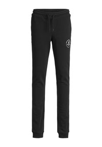Pantalones de chándal negros hechos de una tela suave, con una cintura elástica, cordón ajustable y un pequeño logotipo en el muslo izquierdo delantero.