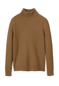 Pull à col roulé côtelé marron avec manches longues, doté d'un col haut et d'un motif en maille texturée. Le matériau semble doux et confortable.