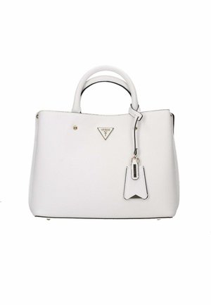 Borsa a mano sintetica bianca con doppi manici, logo triangolare e un'etichetta rimovibile. Superficie testurizzata con minimi accenti hardware.