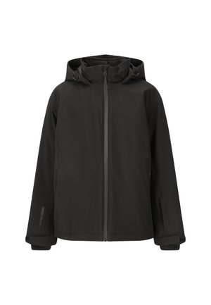 Schwarze wasserdichte Jacke mit hohem Kragen und verstellbarem Kapuze, ausgestattet mit einem Vorderreißverschluss und zwei Seitentaschen. Glatte Textur.