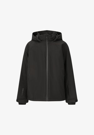 Sort vandtæt jakke med høj krave og justerbar hætte, med en frontlynlås og to sidelommer. Glat tekstur.