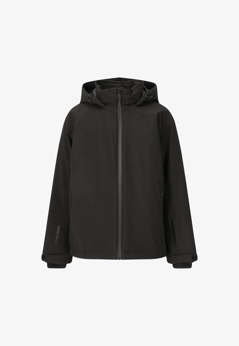 Zwarte waterdichte jas met een hoge kraag en verstelbare capuchon, voorzien van een voorrits en twee zijzakken. Glad oppervlak.