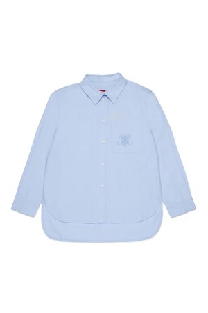Helles blaues Langarmshirt mit Button-Down-Kragen, Fronttasche mit gesticktem Detail und abgerundetem Saum. Weiche Stofftextur.
