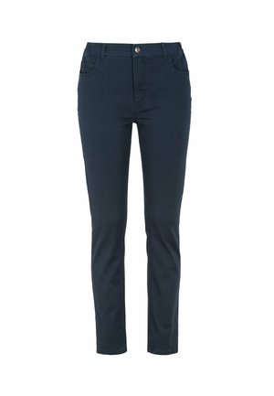 Marineblå slim-fit bukser lavet af bomuld, med lynlås og knap, frontlommer og en glat tekstur.