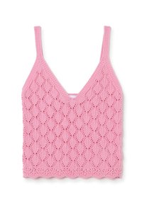 Camisola rosa lavorata a maglia con scollatura a V, caratterizzata da un motivo a diamante testurizzato e orlo scallop. Spalline regolabili.