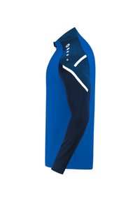 Blaues sportliches Langarmshirt mit einem Halb-Reißverschluss, ausgestattet mit einem strukturierten schwarzen Einsatz und weißen Akzenten an Schulter und Ärmel.