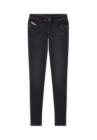 Pantalones vaqueros ajustados en denim de lavado oscuro, que cuentan con un diseño clásico de cinco bolsillos, acentos de costura y un cierre de botón y cremallera.