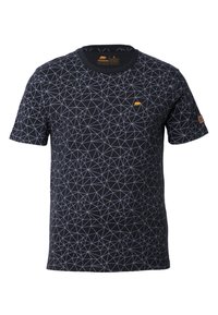 Zwarte korte mouwen T-shirt met een geometrisch driehoekpatroon in lichtblauw, met een klein oranje logo op de borst. Zachte katoenen stof.