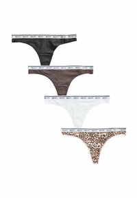 Pakiranje od četiri thong gaćica s crnom, smeđom, bijelom i uzorkom leopard tiska; elastični pojas s "NEXT" brandingom.