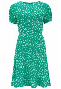 Zelené šaty s kulatým výstřihem, krátkými nařasenými rukávy a rozšířeným spodním lemem, zdobené růžovým a bílým leopardím potiskem.