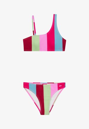 Costume da bagno a due pezzi con un design color block caratterizzato da segmenti rossi, rosa, verdi e blu. Realizzato in tessuto morbido e elasticizzato con spalline sottili.
