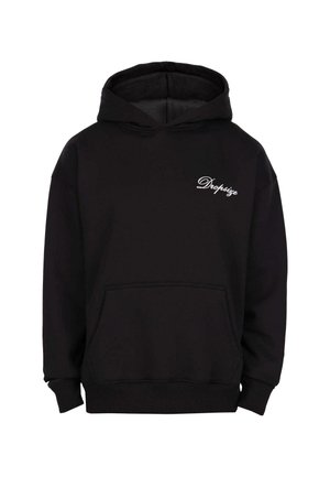 Zwarte hoodie met een voorzak en witte cursieve tekst "Dropsize" op de linkerborst.