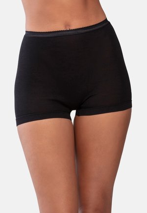 Black high-waisted boyshorts made from soft fabric. Features a scalloped waistband and fitted design, extending to mid-thigh.