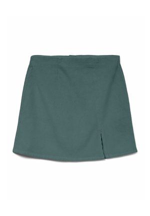 A teal corduroy mini skirt with a straight design, featuring a side slit for ease of movement and textured ribbed fabric.