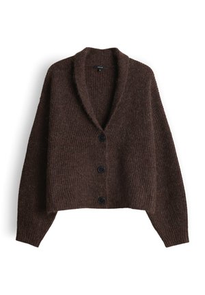 Bruine geribbelde cardigan gemaakt van zachte gebreide stof, met een sjaalkraag, lange mouwen en vier zwarte knopen aan de voorkant.