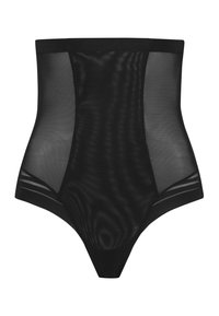 Shapewear taille haute en noir, avec des panneaux en maille transparente sur les côtés, une ceinture lisse et un ajustement serré en bas.
