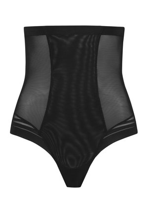 Højtsiddende shapewear i sort, med gennemsigtige mesh-paneler på siderne, en glat talje og en stram pasform forneden.
