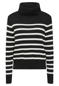Schwarz-weiß gestreifter Rollkragenpullover aus Rippstrick. Mit hohem Kragen und langen Ärmeln, die einen enganliegenden Saum haben.