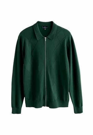 Green knitted zip-up sweater with a diamond pattern, featuring a collared neck and ribbed cuffs, made from soft fabric.