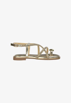 Gold metallic sandal with multiple cross straps, embellished with small rhinestones, and a decorative gold accent on the toe. Flat sole.