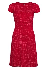 Rotes knielanges Kleid mit weißen Polka-Dots, kurzen Ärmeln, tailliertem Schnitt, rundem Ausschnitt und Schlitz mit Knopfverschluss hinten.