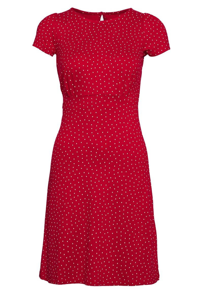 Rotes knielanges Kleid mit weißen Polka-Dots, kurzen Ärmeln, tailliertem Schnitt, rundem Ausschnitt und Schlitz mit Knopfverschluss hinten.
