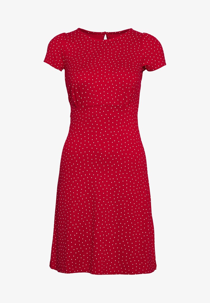 Rotes knielanges Kleid mit weißen Polka-Dots, kurzen Ärmeln, tailliertem Schnitt, rundem Ausschnitt und Schlitz mit Knopfverschluss hinten.